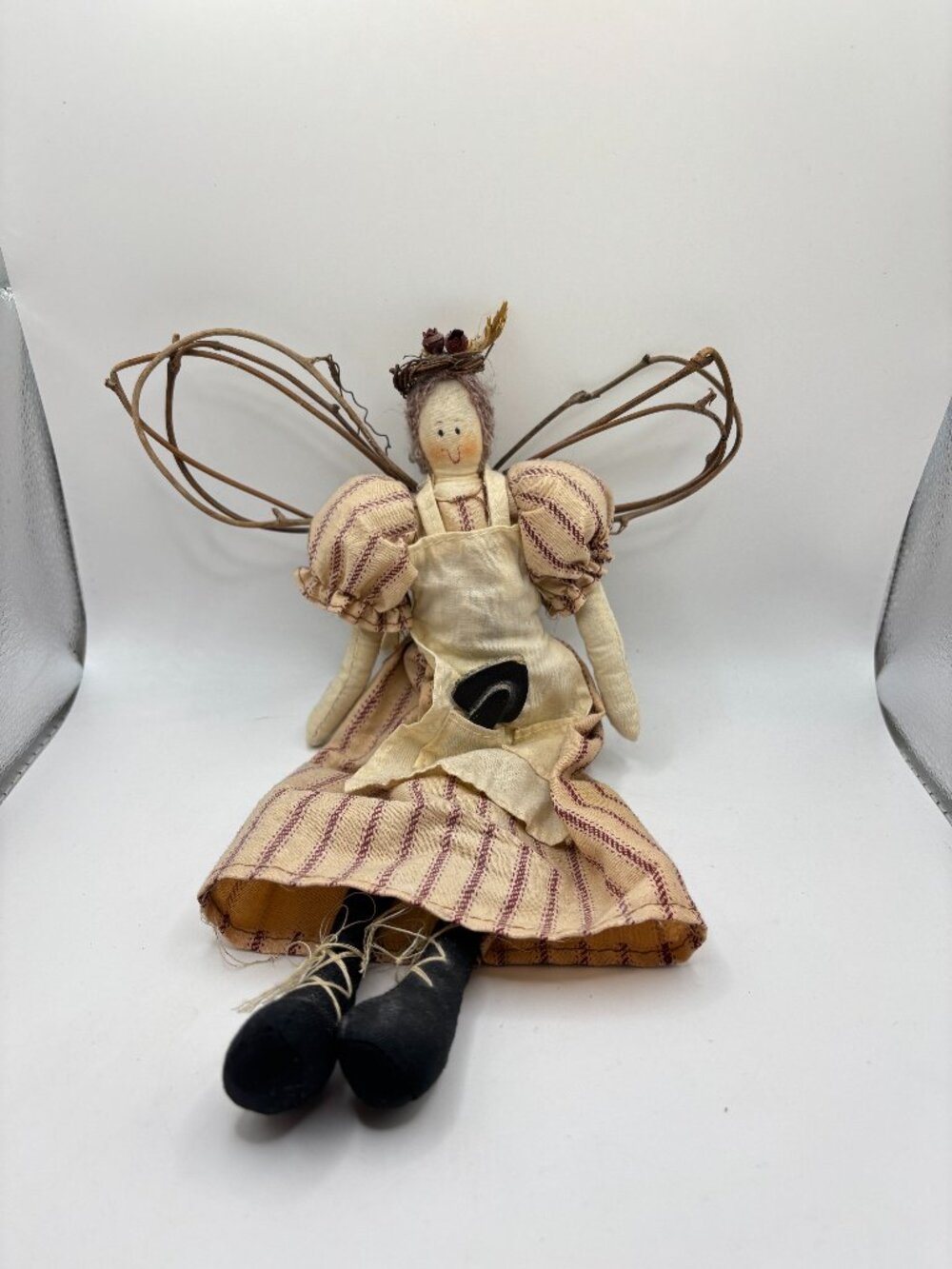 Primitive Rag Doll Angel Grapevine Wings Folk Art Red Tan Striped Legs Gardening